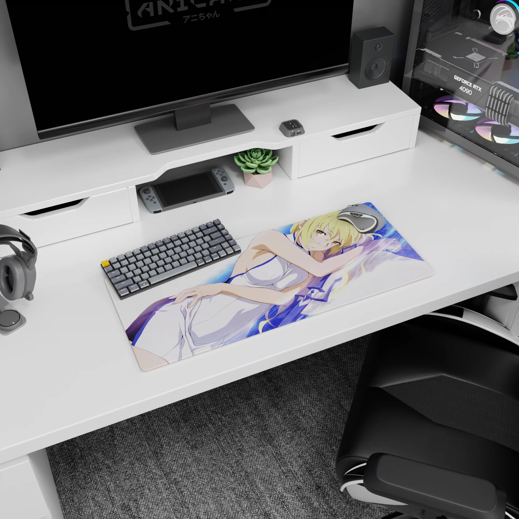 Blonde anime girl hugging a pillow on crisp white sheets mouse pad 28x12 inches, gold eyes shining.