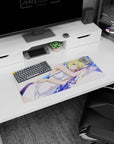 Blonde anime girl hugging a pillow on crisp white sheets mouse pad 28x12 inches, gold eyes shining.