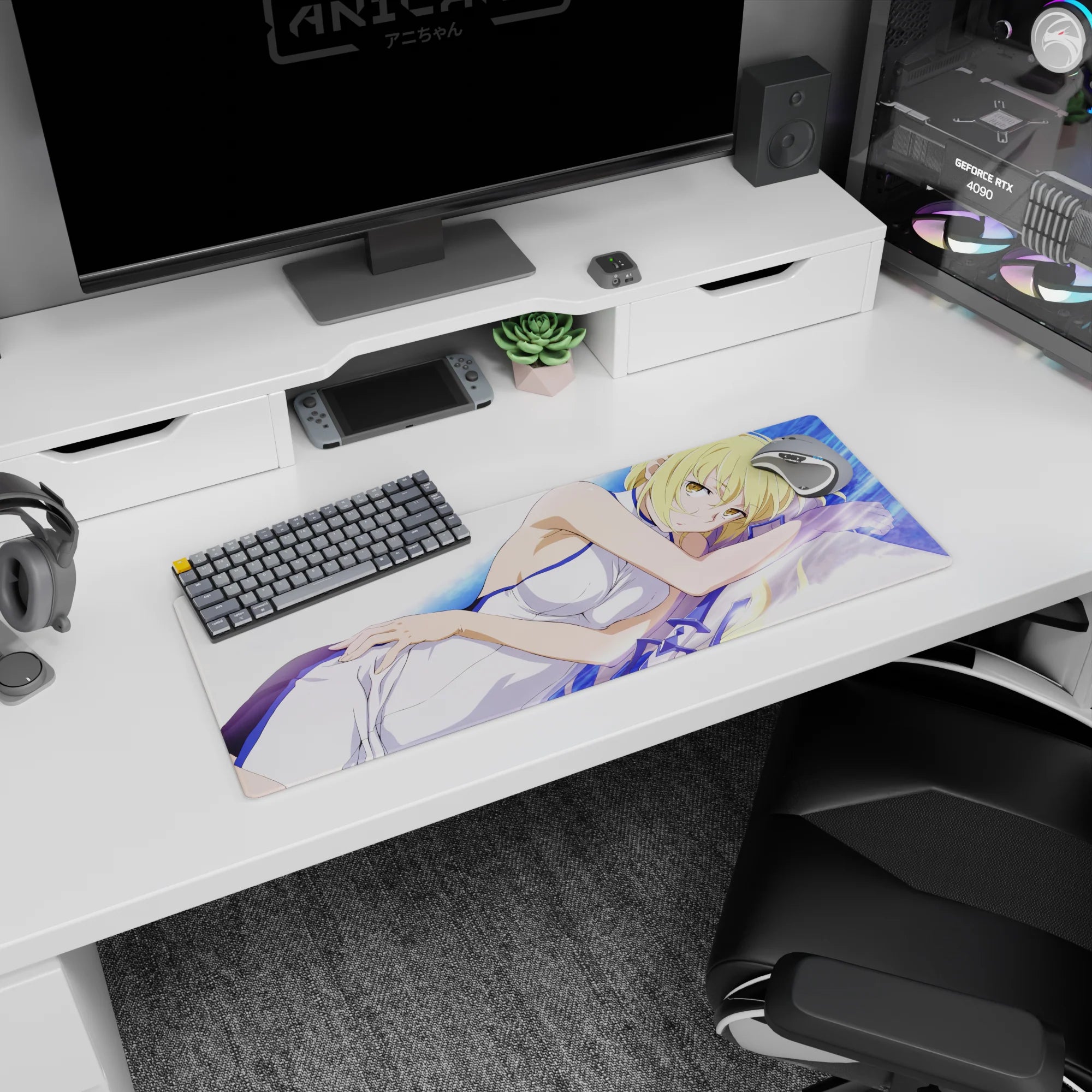 32x12 inches anime girl mouse pad showing blonde girl hugging a pillow on crisp white sheets, lounging pose.