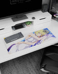 32x12 inches anime girl mouse pad showing blonde girl hugging a pillow on crisp white sheets, lounging pose.