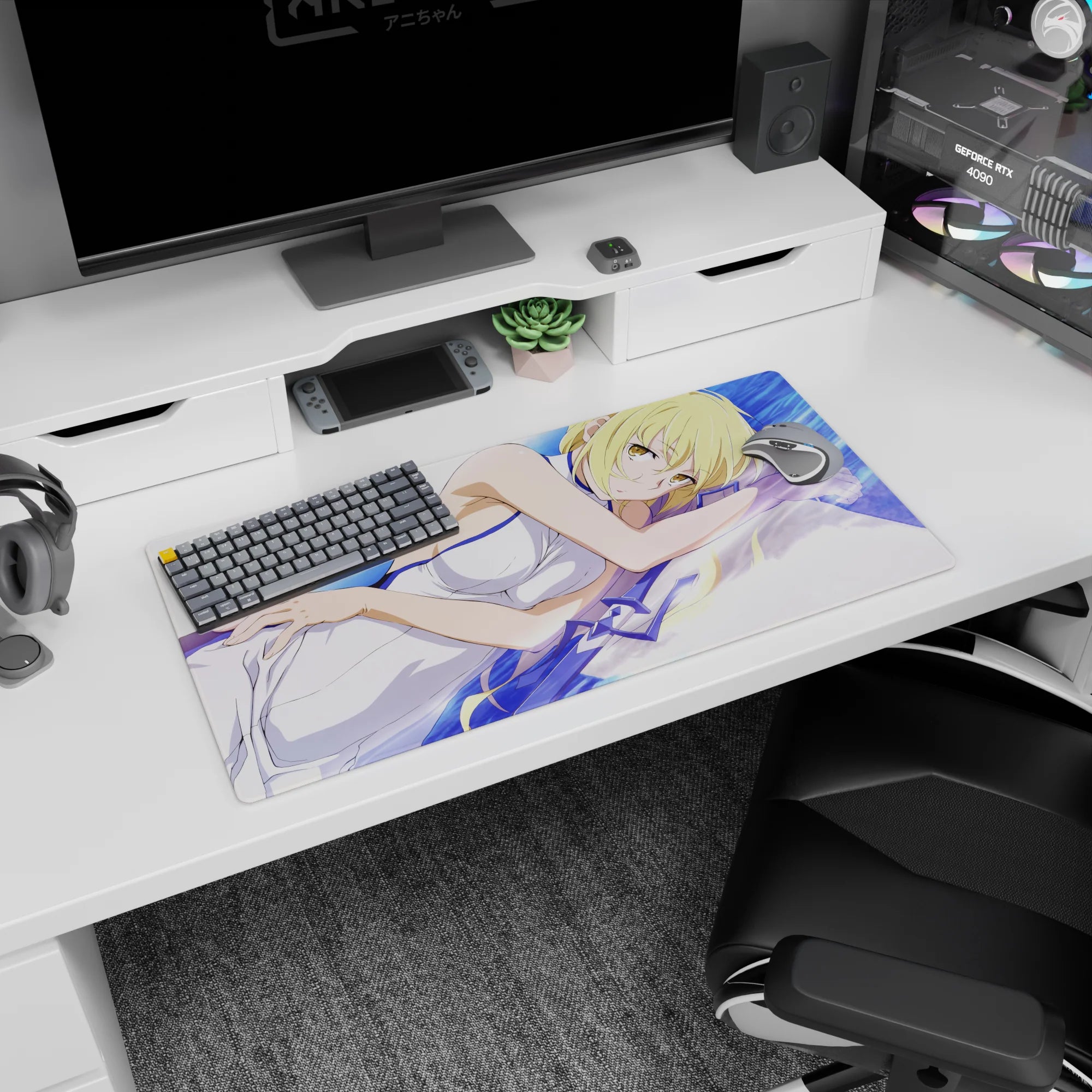 32x16 inches anime girl mouse pad showing blonde girl hugging a pillow on crisp white sheets, gold eyes bright.