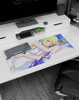 32x16 inches anime girl mouse pad showing blonde girl hugging a pillow on crisp white sheets, gold eyes bright.