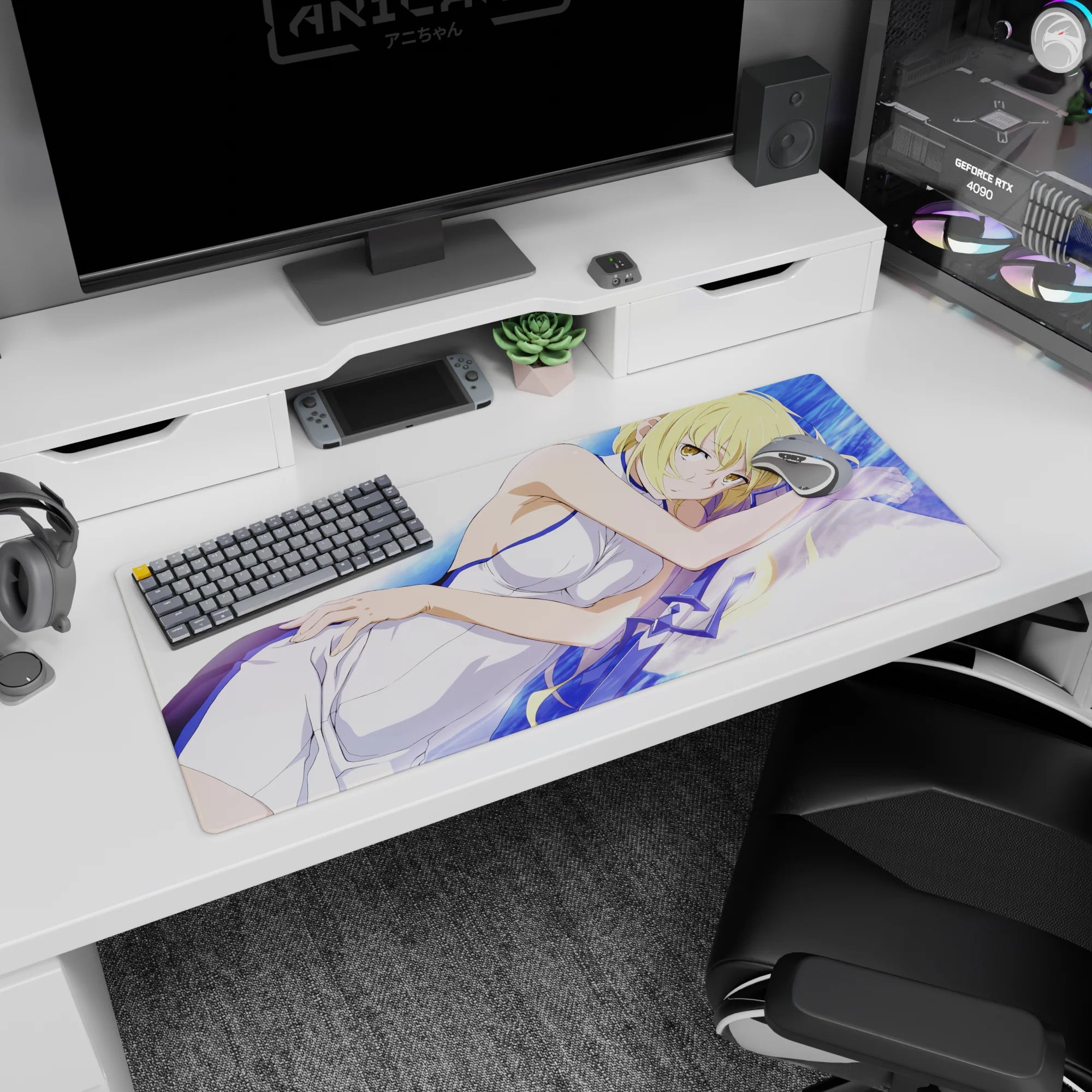 Blonde gold-eyed anime girl hugging a pillow on a 36x16 inches desk pad, flirty lounge on crisp sheets.