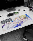 Blonde gold-eyed anime girl hugging a pillow on a 36x16 inches desk pad, flirty lounge on crisp sheets.