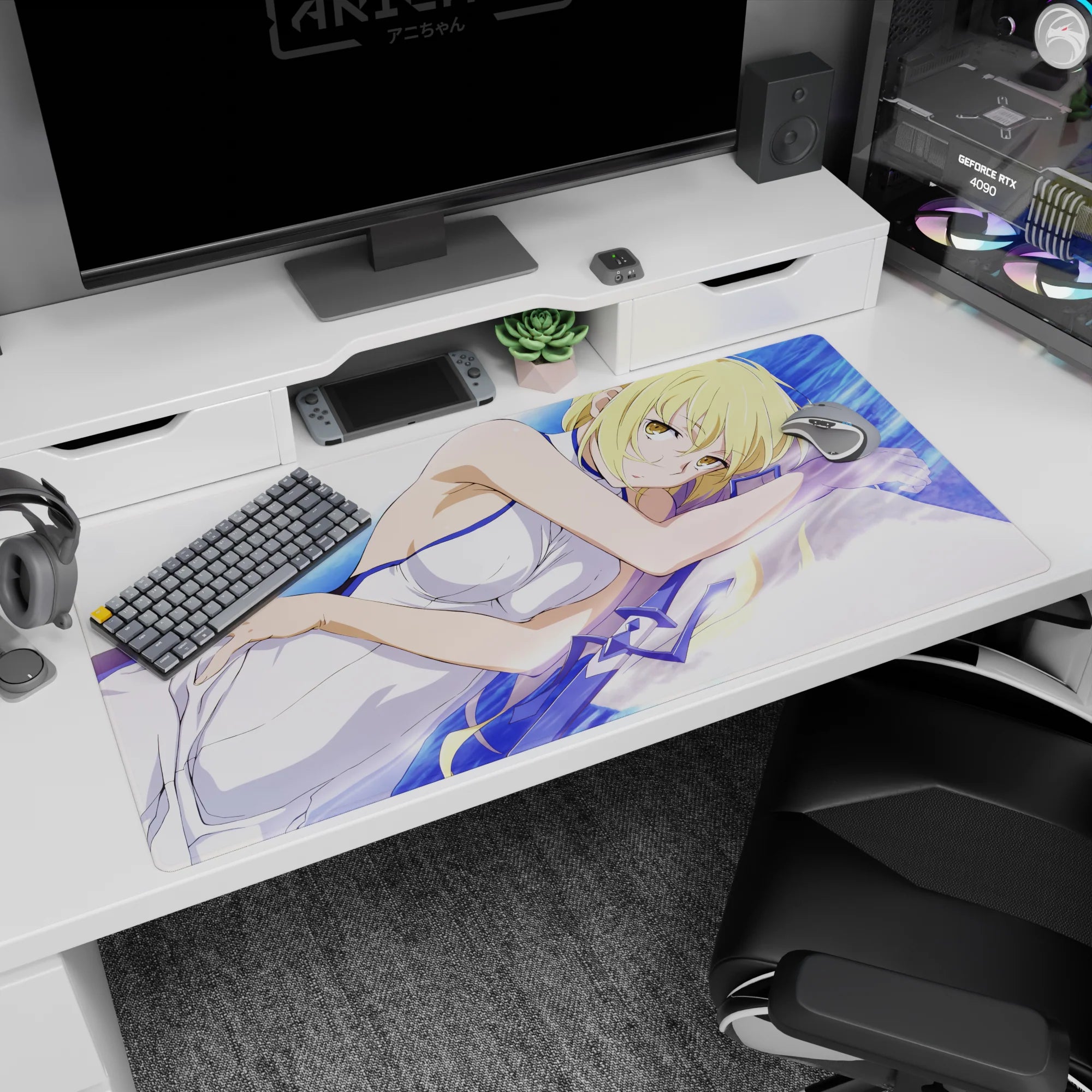 40x20 inches desk pad showing blonde anime girl hugging a pillow on crisp sheets, gold eyes glowing.