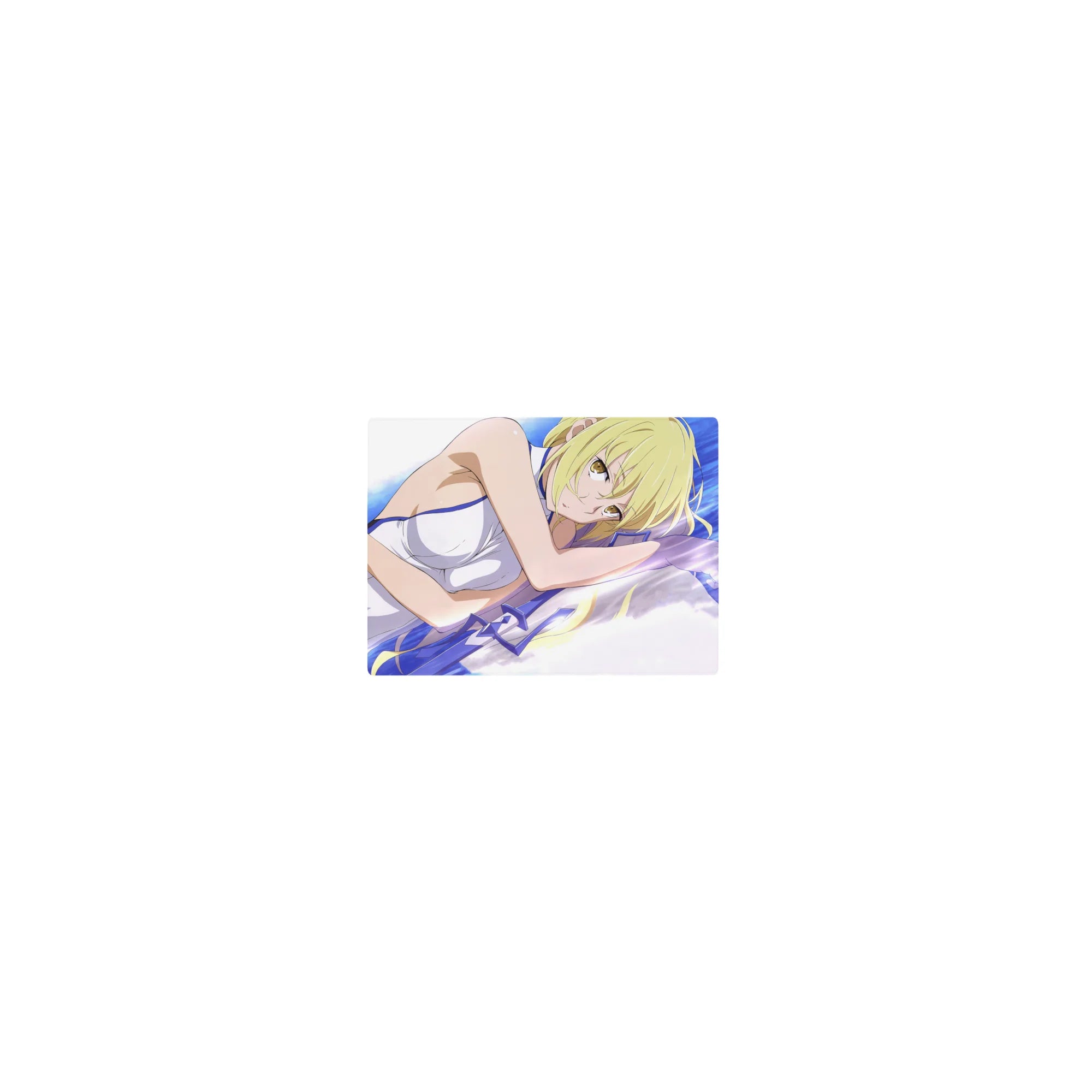 Classic anime girl mouse pad 14x10 inches with blonde girl on white sheets and flowing wave accents.