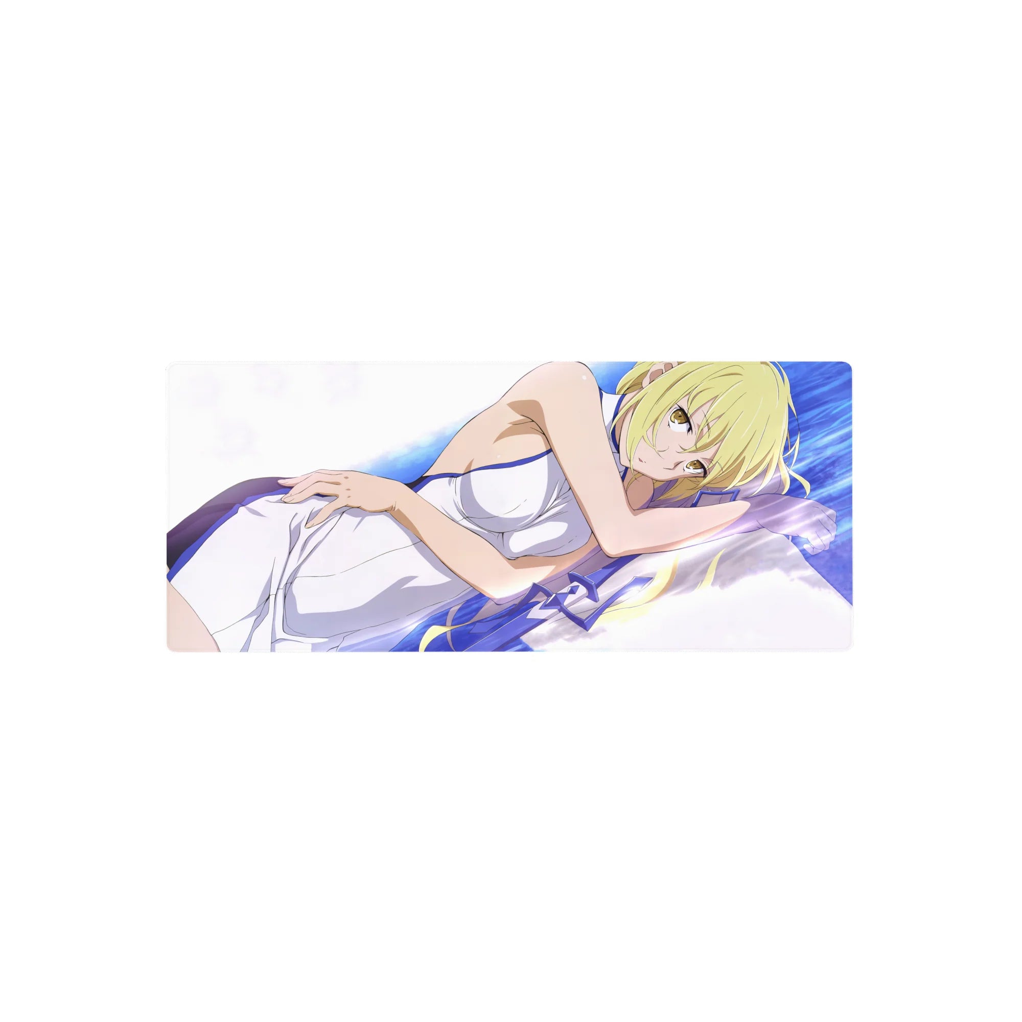 Anime girl mouse pad 28x12 inches with blonde lounge pose on white sheets, clean linework and gradients.