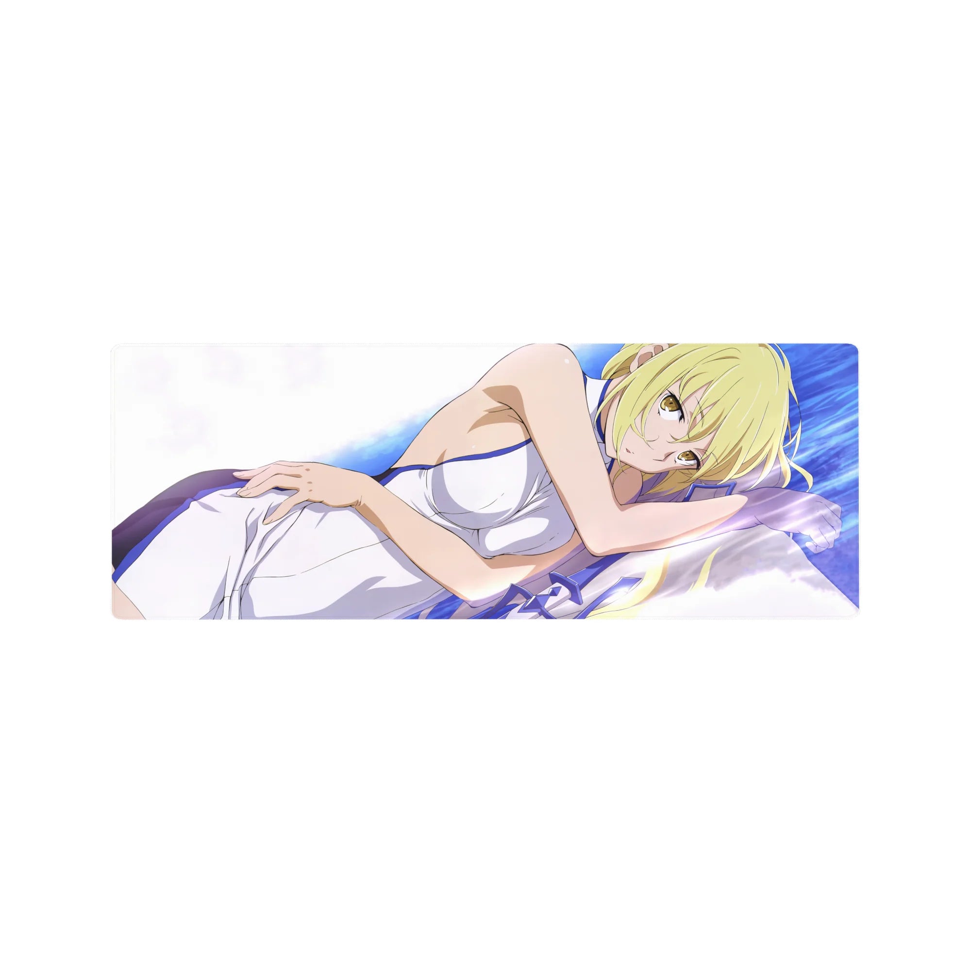 32x12 inches anime girl mouse pad with blonde girl on white sheets, clean linework and soft waves.