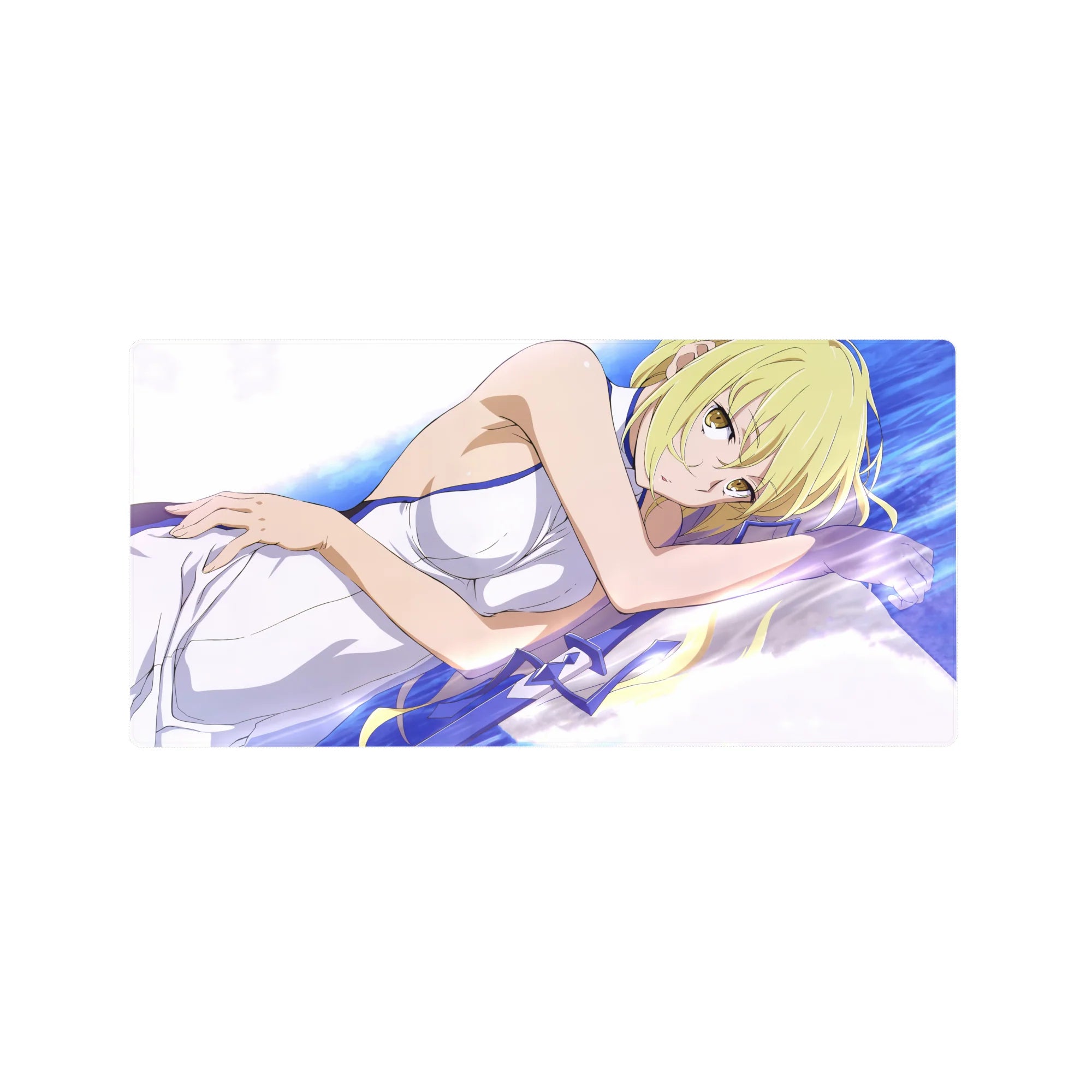 32x16 inches anime girl mouse pad with blonde waifu on white sheets, clean linework and smooth gradients.