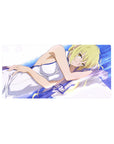 32x16 inches anime girl mouse pad with blonde waifu on white sheets, clean linework and smooth gradients.