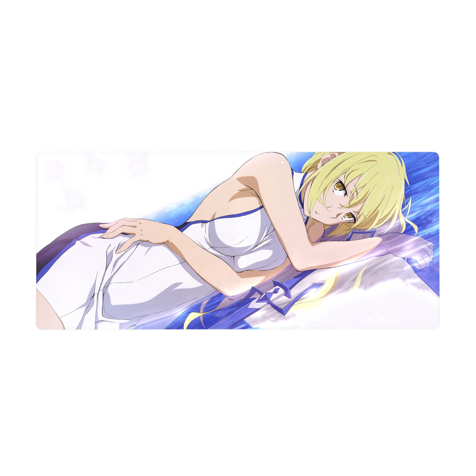 Anime girl desk pad 36x16 inches with blonde character on white sheets, clean linework and gradients.