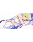 Anime girl desk pad 36x16 inches with blonde character on white sheets, clean linework and gradients.