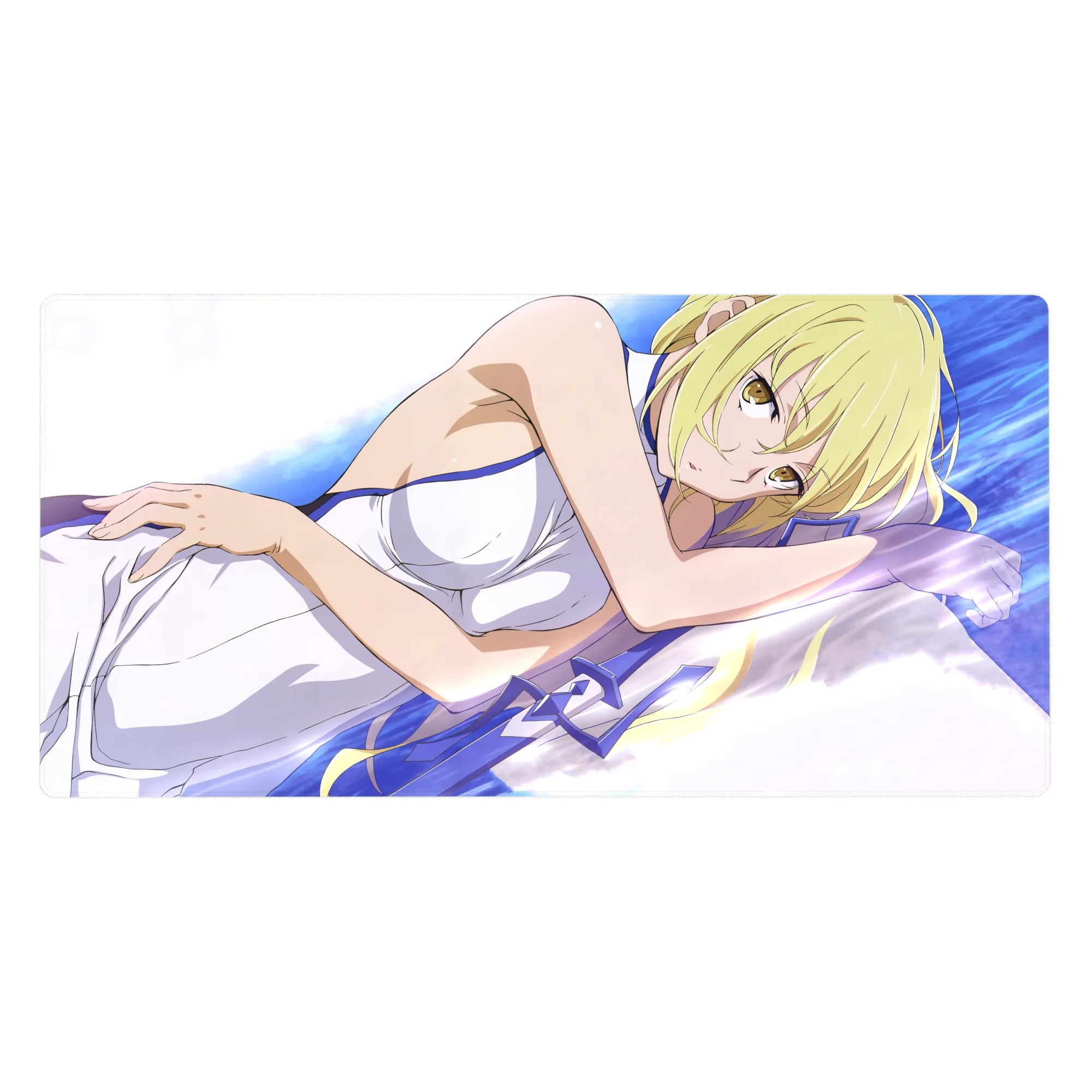 40x20 inches anime girl desk pad with blonde lounging on white sheets, dreamy waves and clean line art.