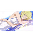 40x20 inches anime girl desk pad with blonde lounging on white sheets, dreamy waves and clean line art.