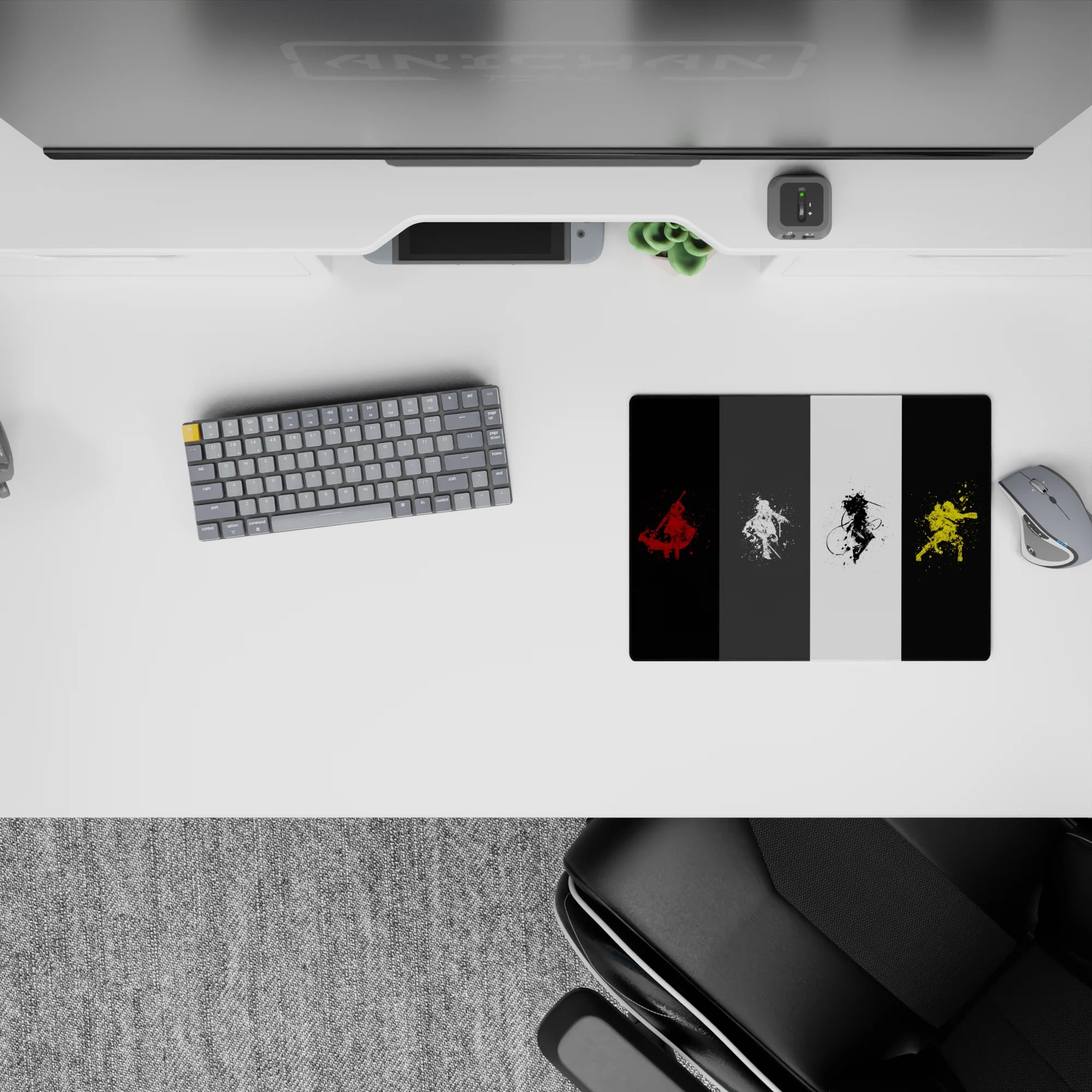 Anime mouse pad 14x10 inches in red, white, black, and electric yellow with gritty calm vibe.