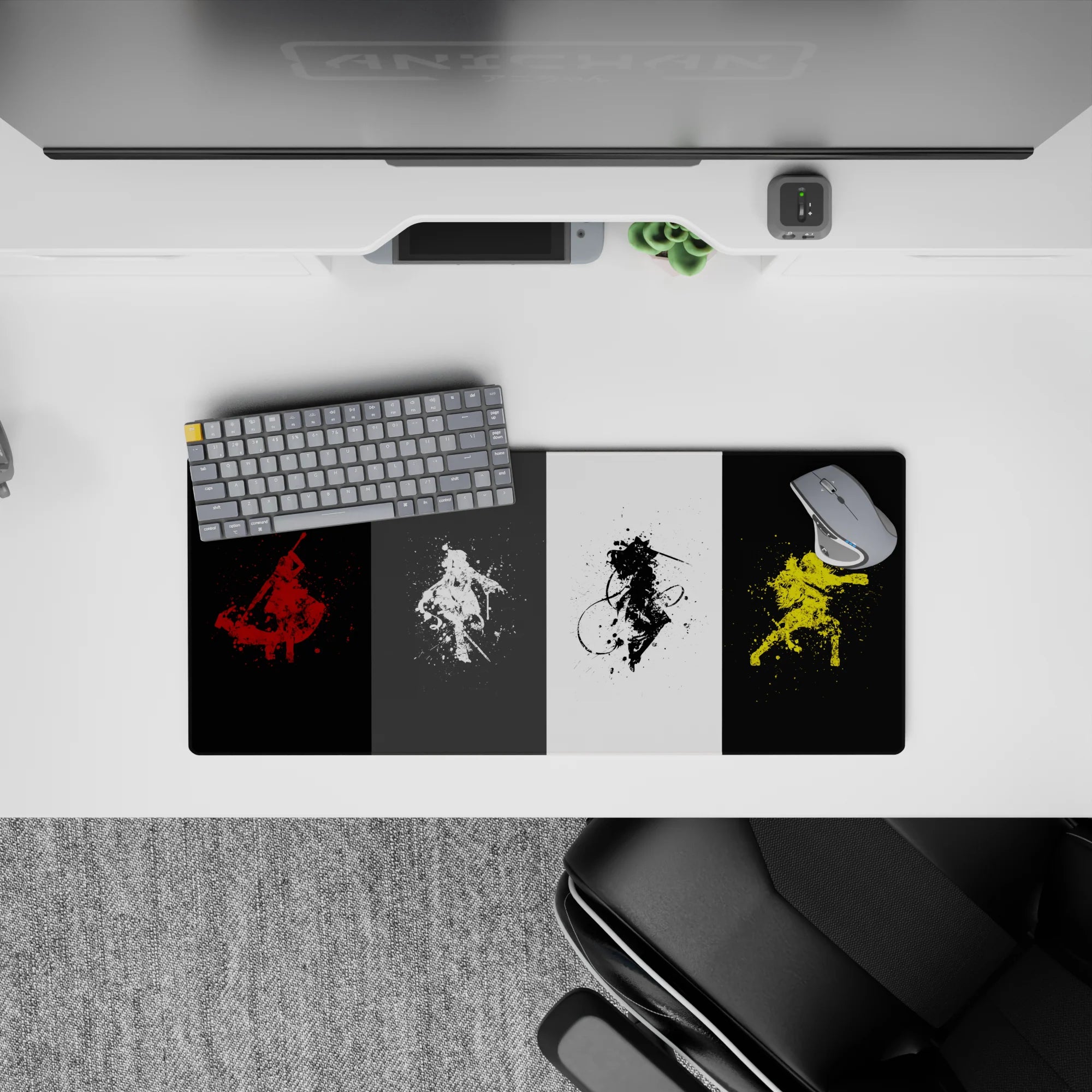 28x12 inches anime mouse pad in red, white, black, and electric yellow with gritty, calming contrast.