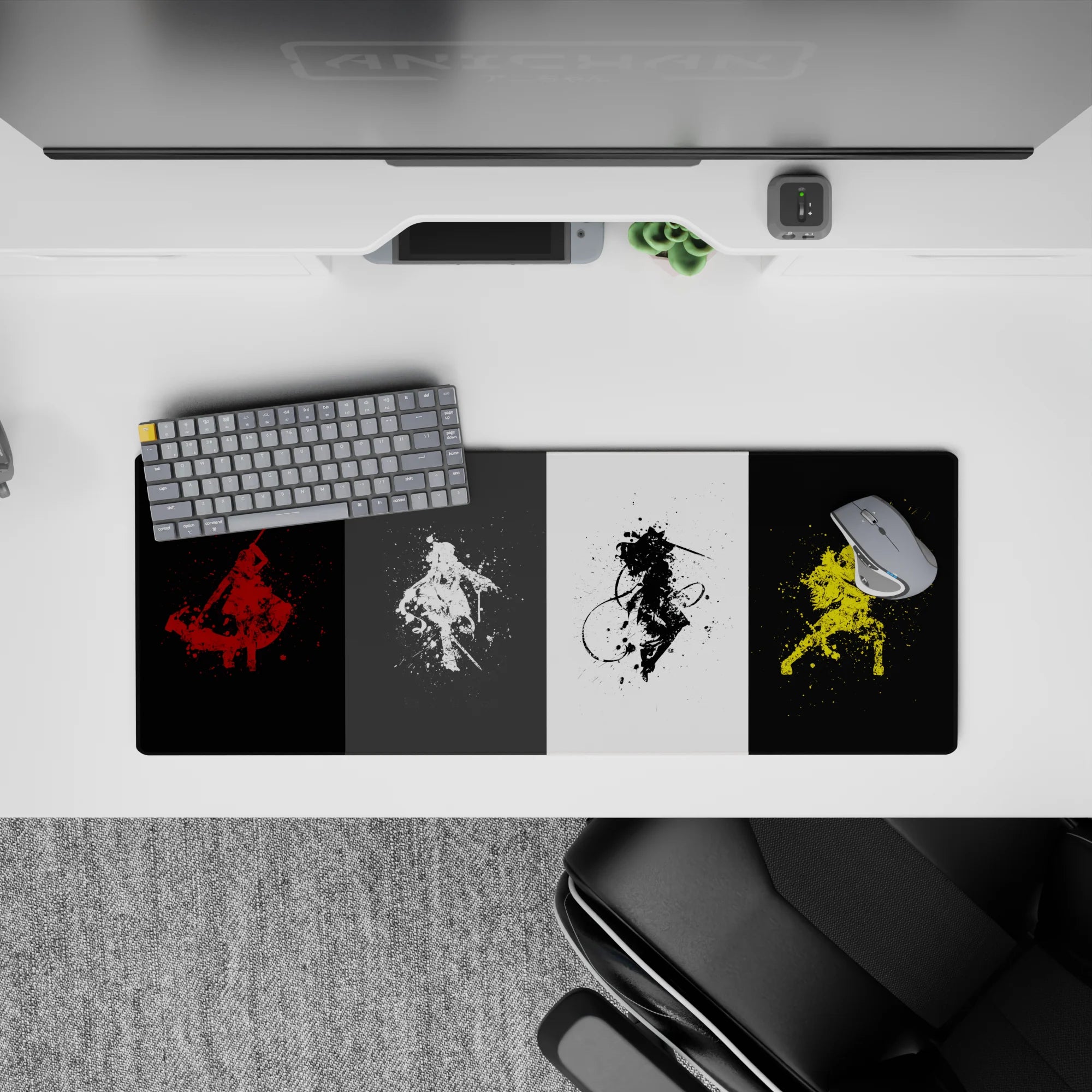 32x12 inches anime mouse pad in red, white, black, and electric yellow with gritty, calming battle vibe.