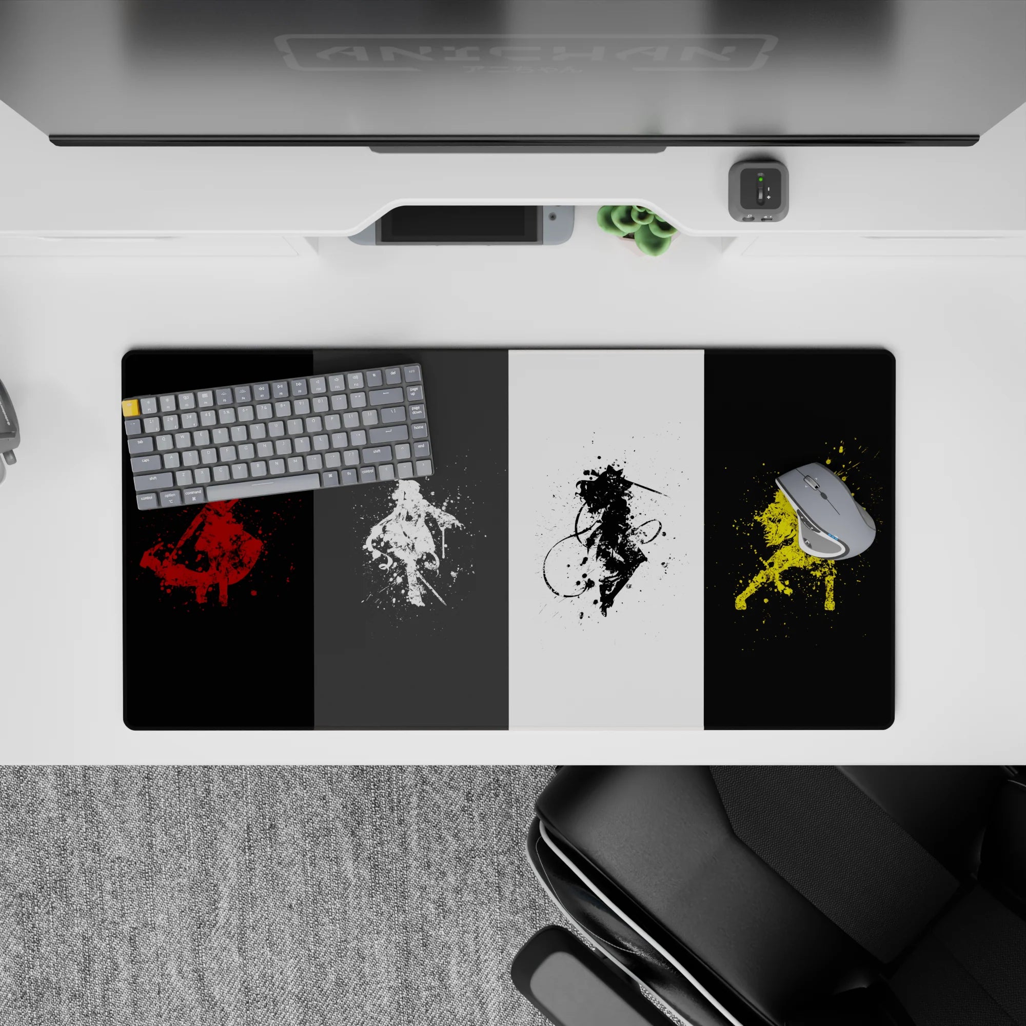 32x16 inches anime mouse pad in red, white, black, and electric yellow with gritty paint specks and calm vibe.