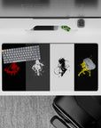 32x16 inches anime mouse pad in red, white, black, and electric yellow with gritty paint specks and calm vibe.