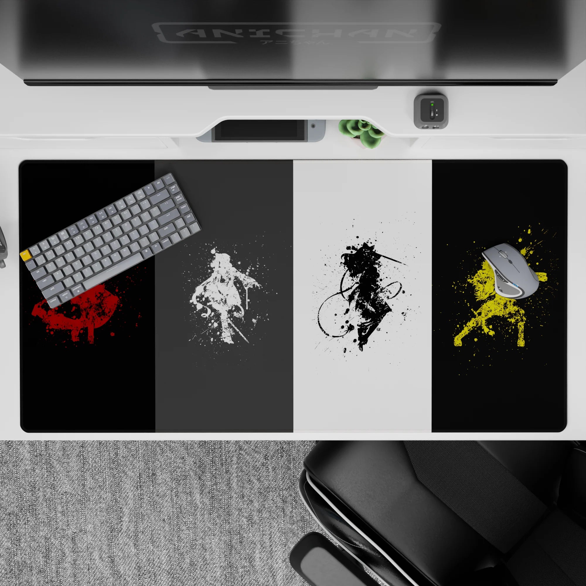 40x20 inches anime desk pad in red, white, black, and electric yellow, gritty battle vibe yet calming.