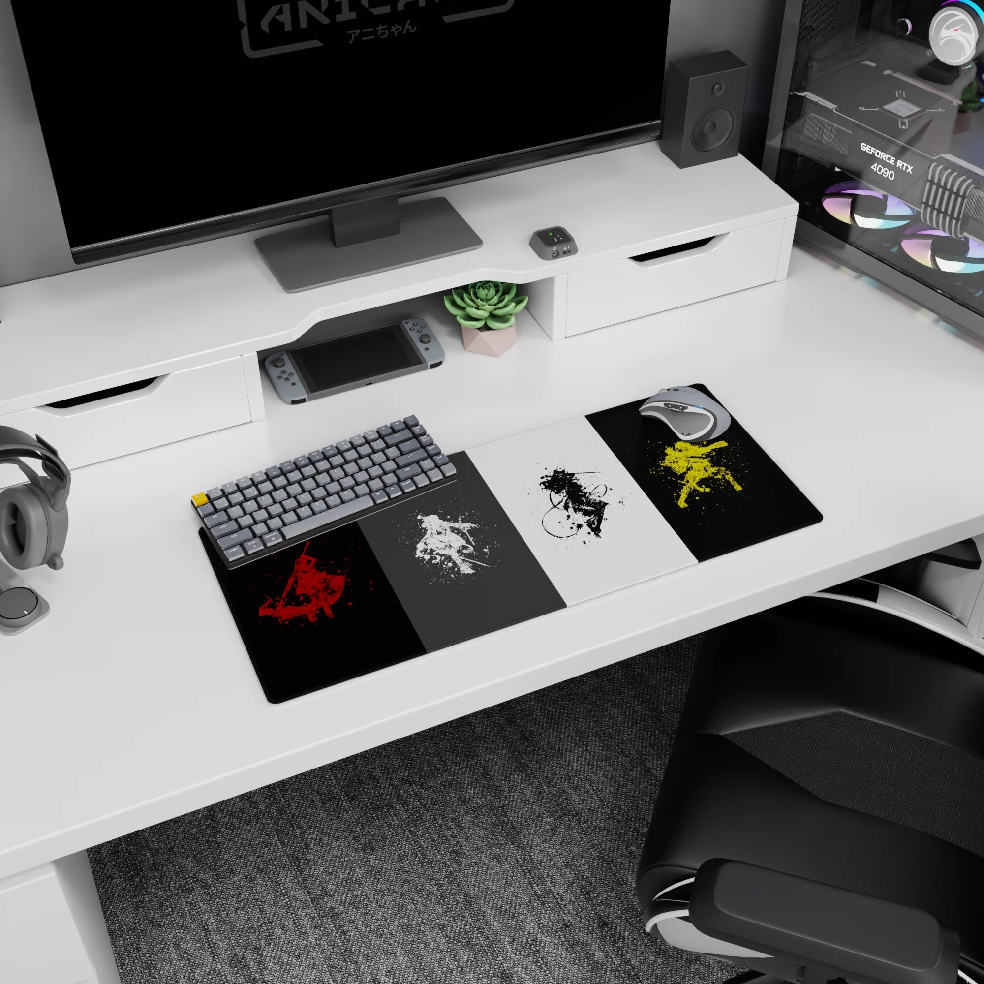 28x12 inches anime mouse pad showing four cloaked sword fighters mid-strike, ink lines whipping across.