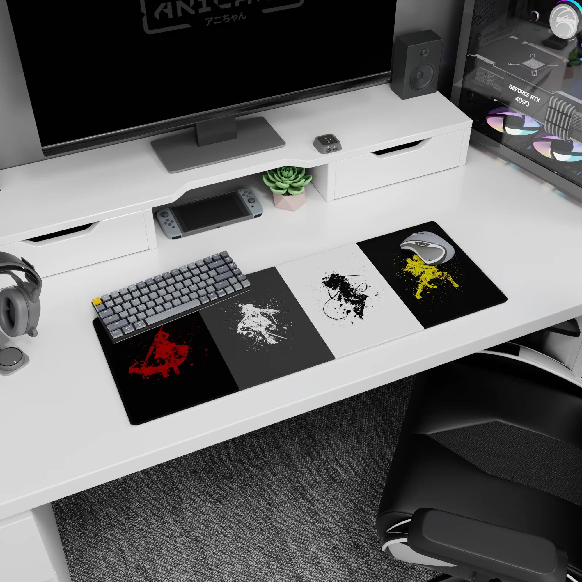 32x12 inches anime mouse pad showing four cloaked sword fighters slicing across the scene in bold ink splatter.