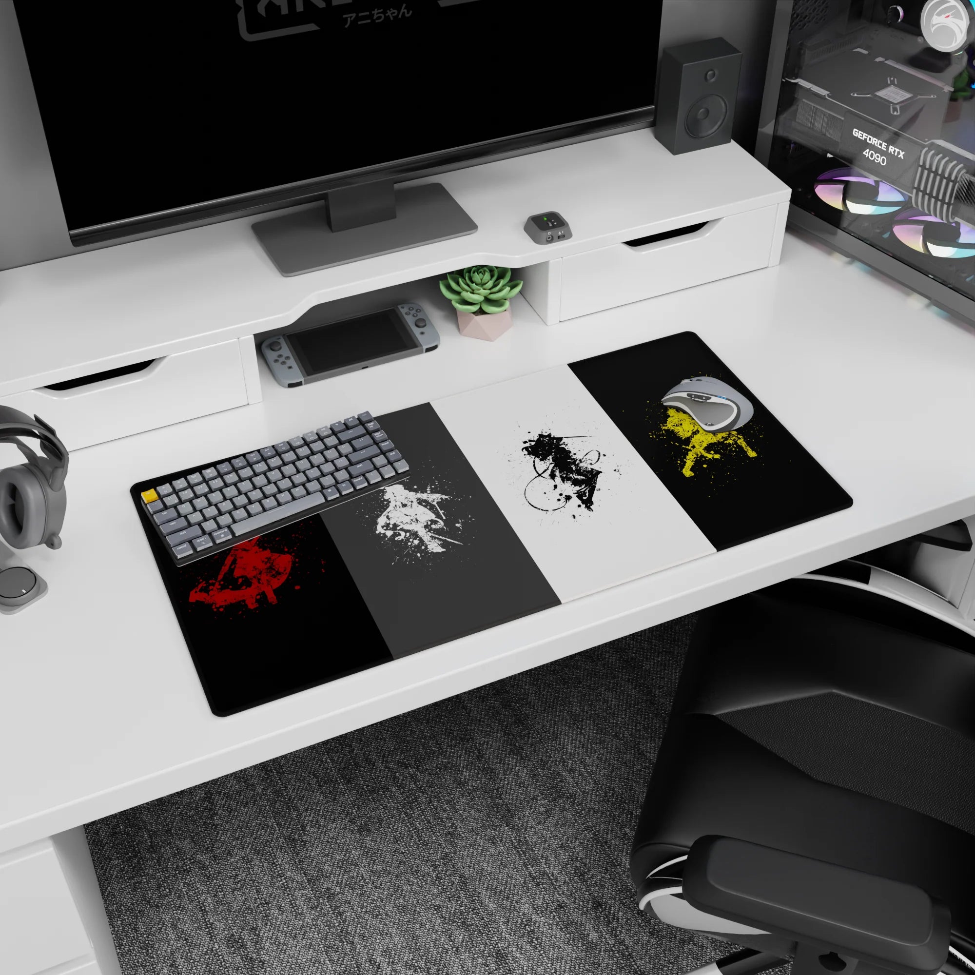 32x16 inches anime mouse pad showing four cloaked swordsmen mid-slash, blades and capes whipping through ink splatter.