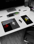 32x16 inches anime mouse pad showing four cloaked swordsmen mid-slash, blades and capes whipping through ink splatter.