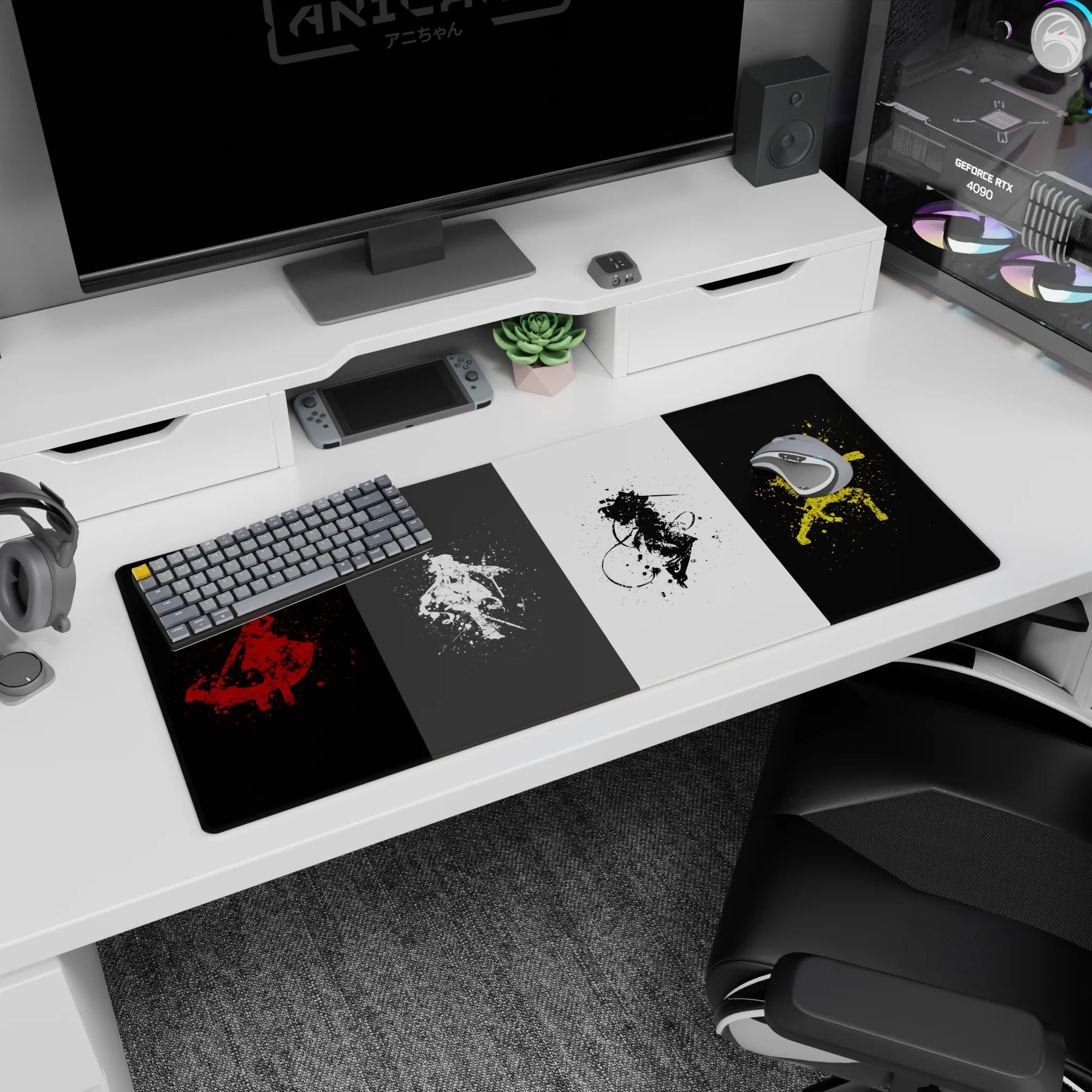 36x16 inches anime desk pad showing four cloaked sword fighters slashing across a paint-splattered scene.