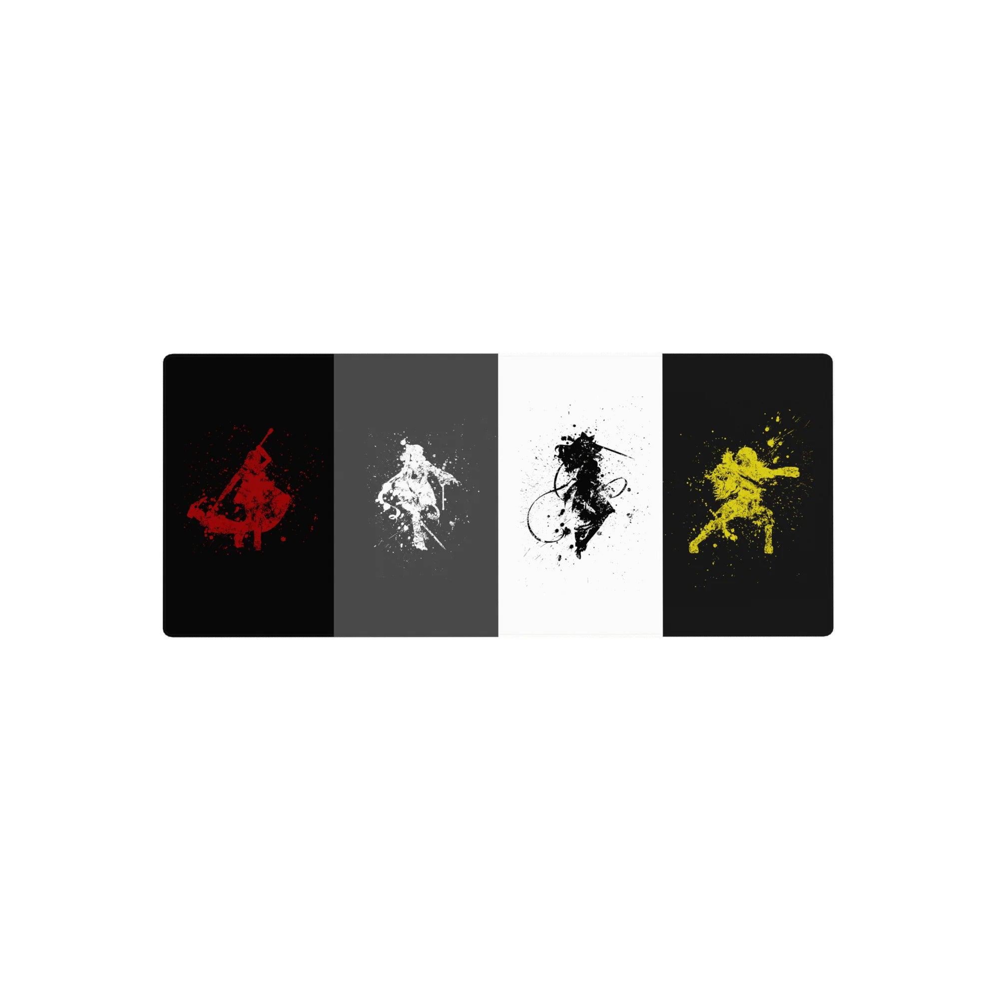 28x12 inches anime mouse pad with four warrior silhouettes in bold splash-ink poses and paint specks.