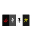 28x12 inches anime mouse pad with four warrior silhouettes in bold splash-ink poses and paint specks.