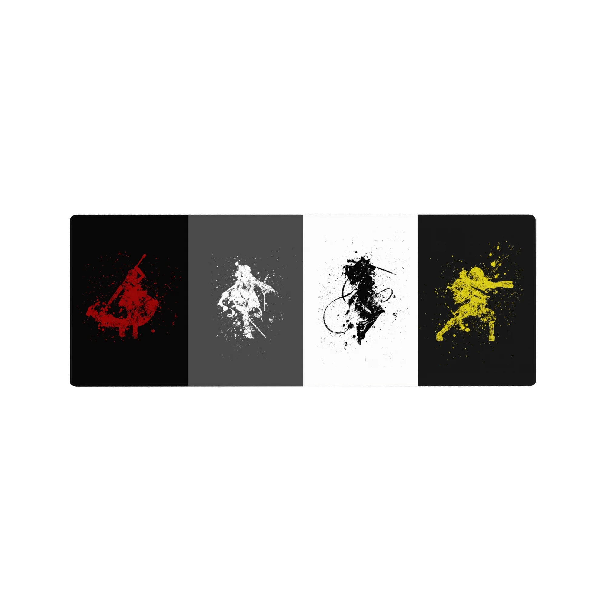 32x12 inches anime mouse pad with four warrior silhouettes in splash-ink poses and paint speck accents.