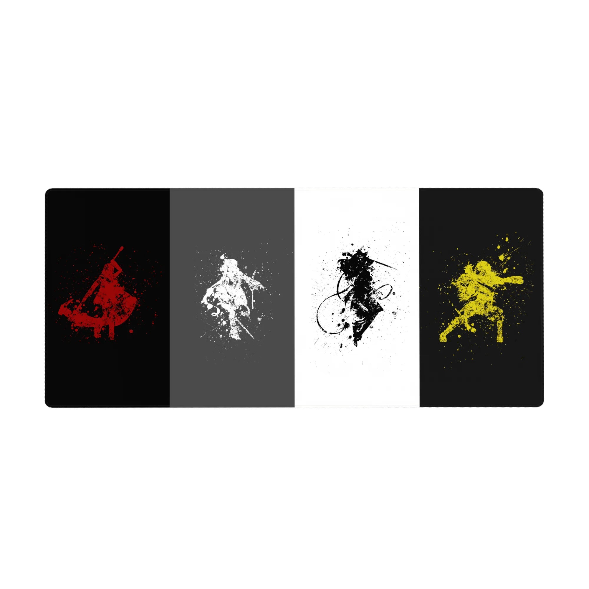 36x16 inches anime desk pad with four warrior silhouettes in bold splash ink, cloaks and blades mid-swing.