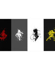 40x20 inches anime desk pad with four warrior silhouettes in splash-ink poses, bold contrast and speckled paint.