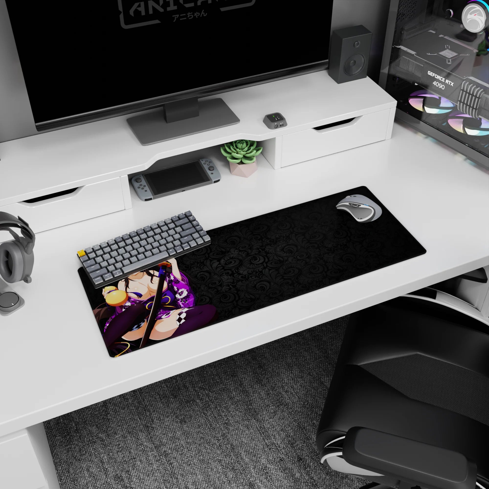 Akeno Himejima from High School DxD on a 32x12 inch mouse pad, exuding serene power with violet eyes and floral shadows.