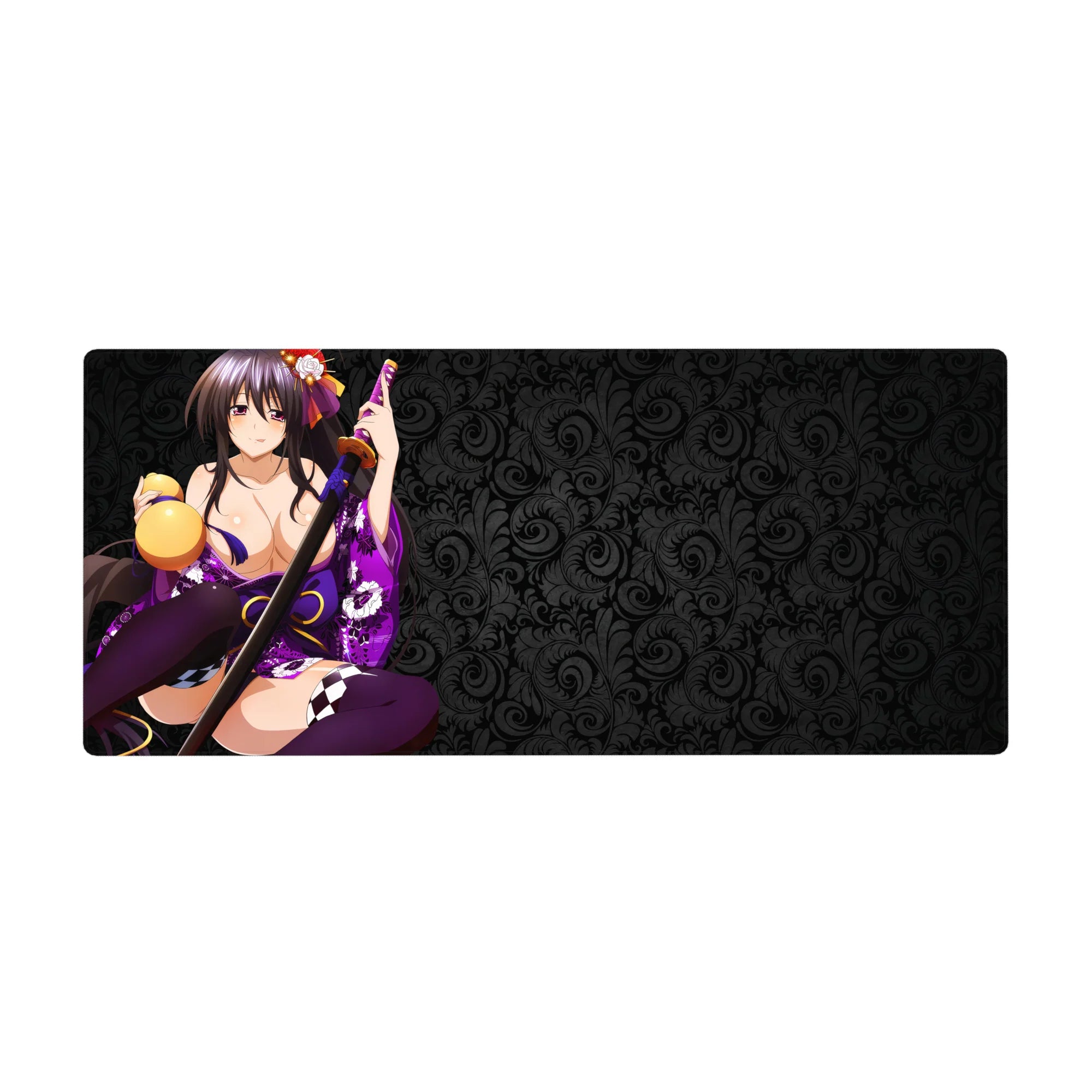 Akeno Himejima from High School DxD on a 36x16 inch desk pad, exuding serene power with violet eyes and a fiery hairpin.