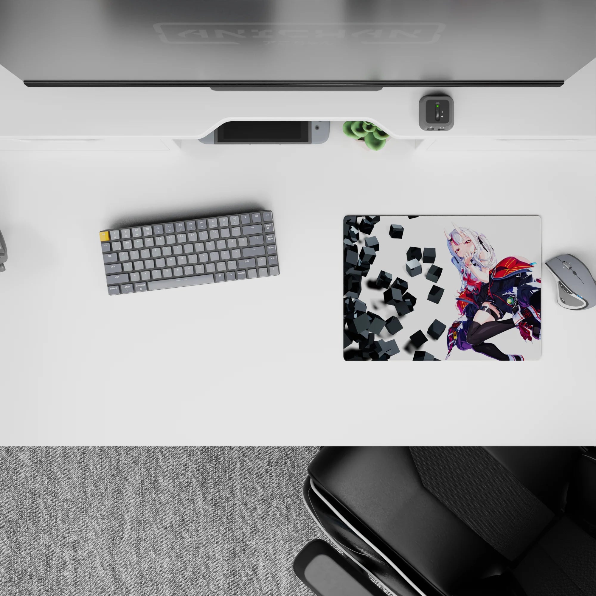 14x10 inches anime girl mouse pad in snowy white, black and hot red, flirty sci-fi vibe with clean print.