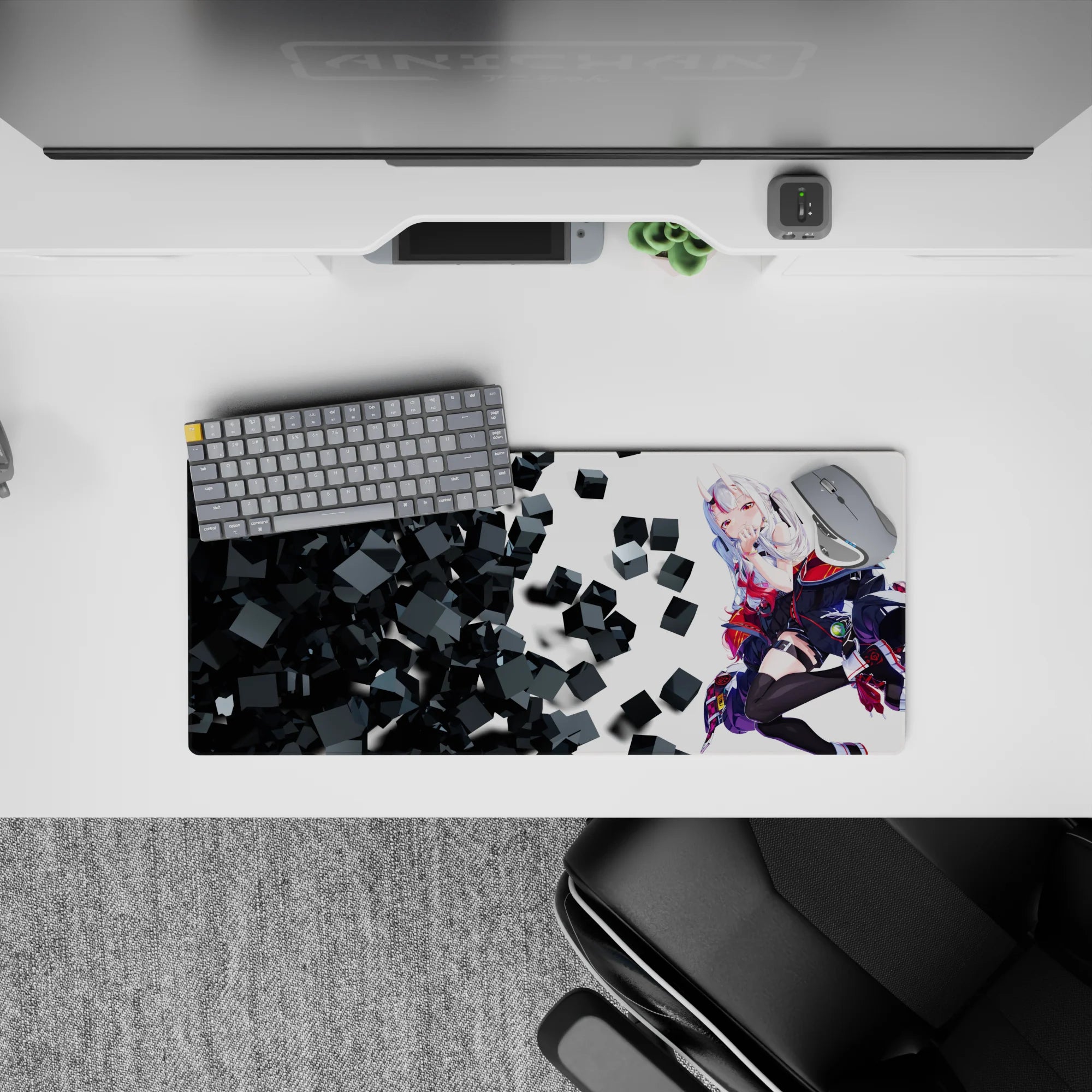 28x12 inches anime desk mouse pad in snowy white, matte black, and hot red with a teasing sci-fi vibe.