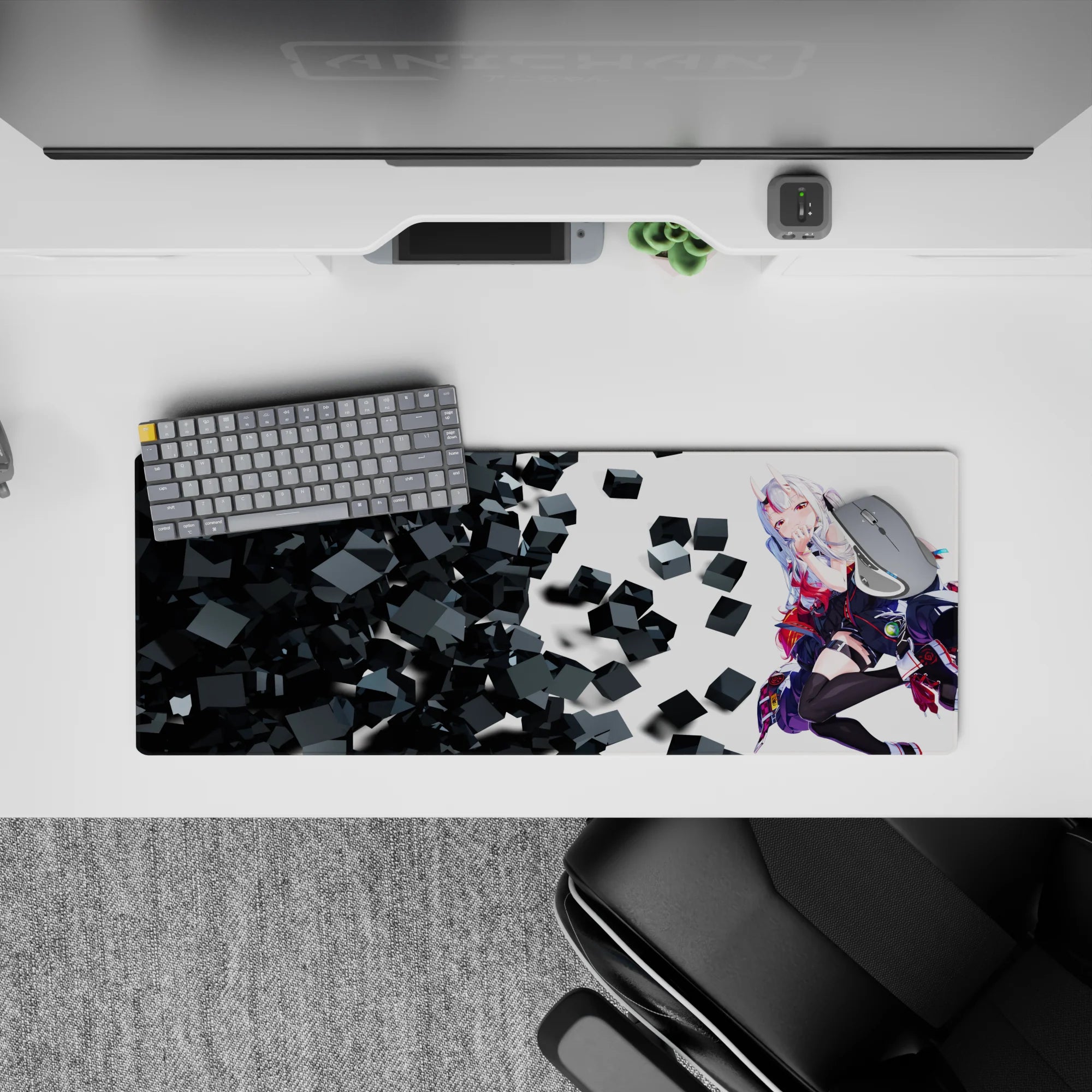 32x12 inches desk mouse pad in black and hot red, teasing anime pin-up vibe with snowy hair and rosy cheeks.