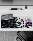 32x12 inches desk mouse pad in black and hot red, teasing anime pin-up vibe with snowy hair and rosy cheeks.