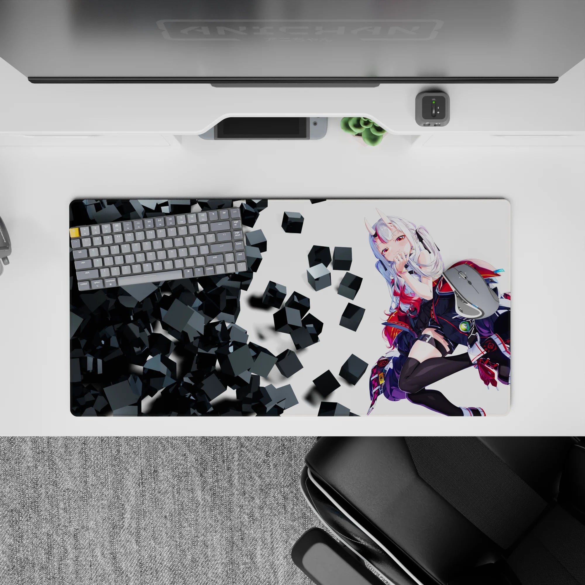 Flirty sci-fi anime mouse pad 32x16 inches in snowy white hair, matte black, and hot red accents.
