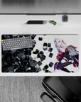 Flirty sci-fi anime mouse pad 32x16 inches in snowy white hair, matte black, and hot red accents.