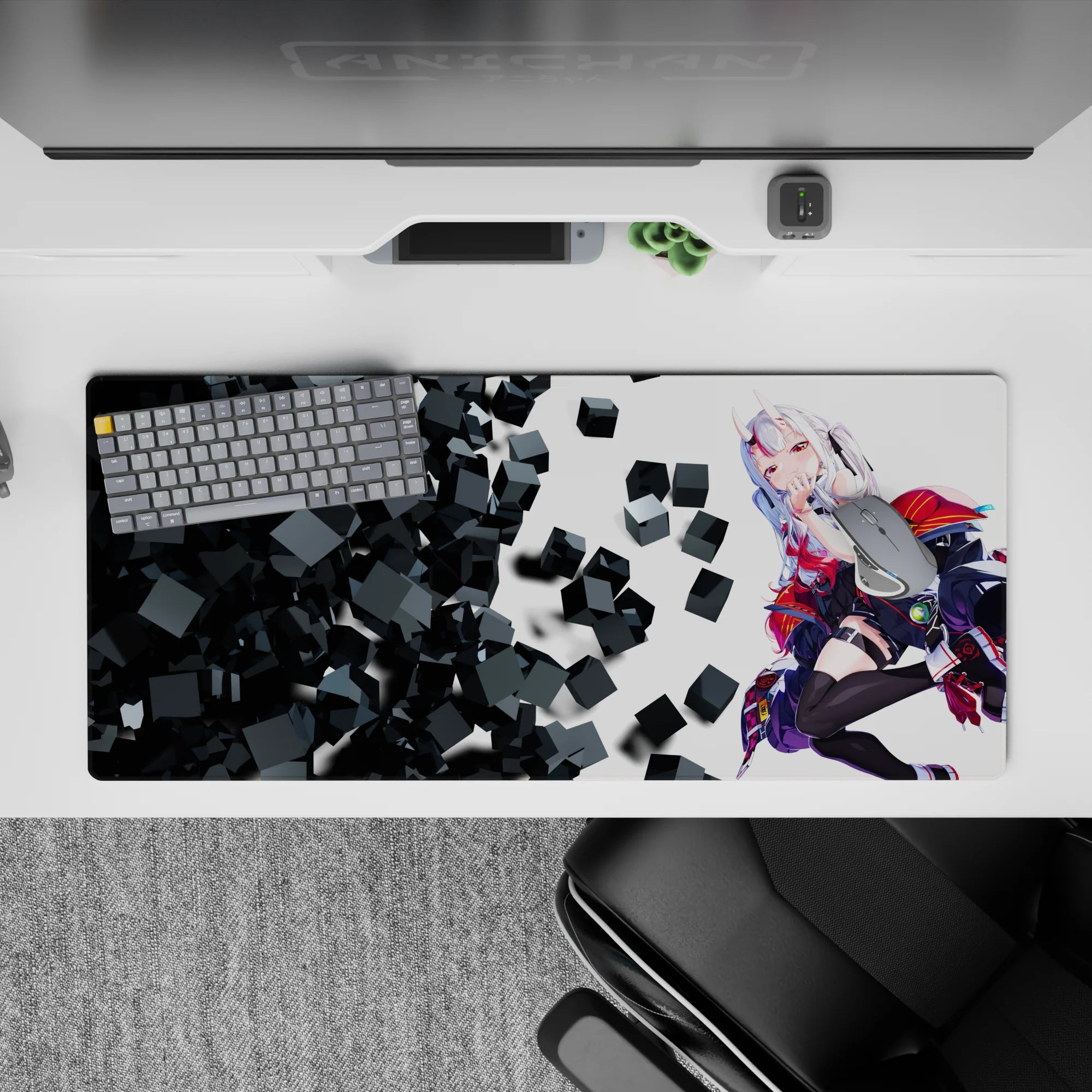 36x16 inches desk pad in snowy white, black and hot red tones with a teasing sci-fi anime vibe.