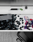 36x16 inches desk pad in snowy white, black and hot red tones with a teasing sci-fi anime vibe.
