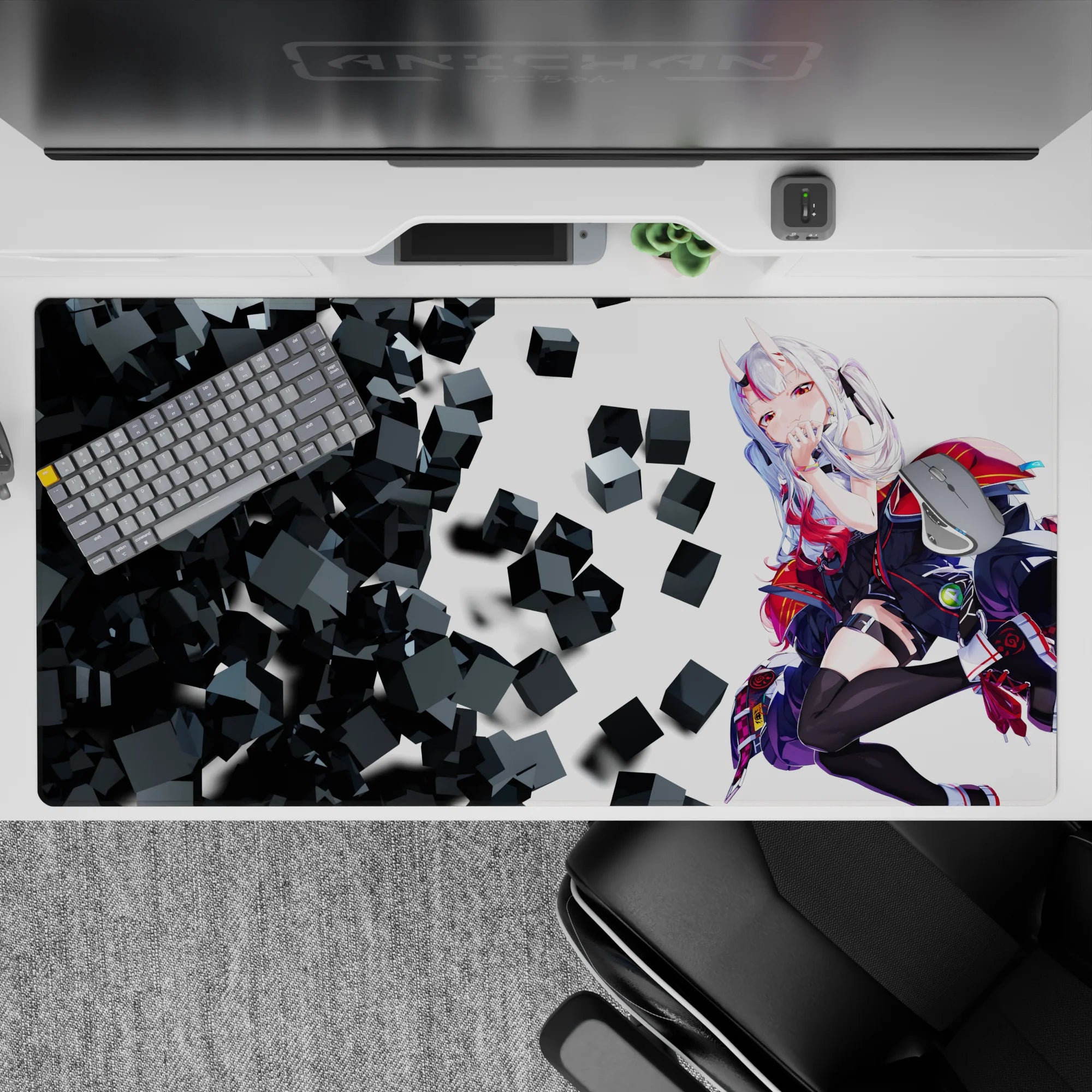 Red-and-black anime desk pad 40x20 inches, teasing vibe with rosy cheeks, snowy hair, edgy cubes.