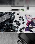 Red-and-black anime desk pad 40x20 inches, teasing vibe with rosy cheeks, snowy hair, edgy cubes.