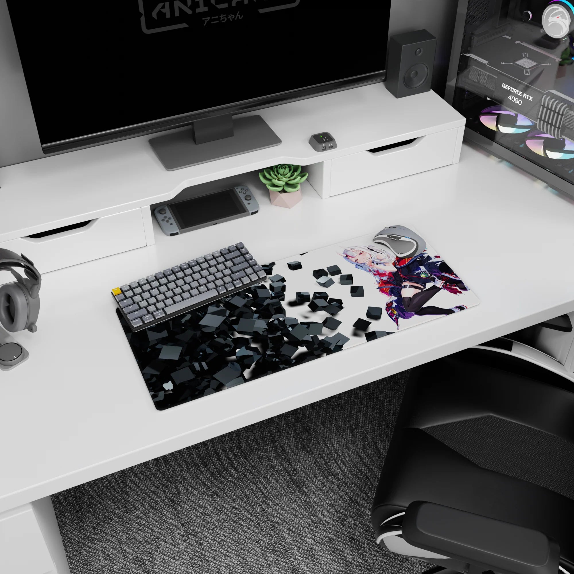 28x12 inches mouse pad showing a horned anime girl lounging sideways, hand to lips, beside swirling black cubes.