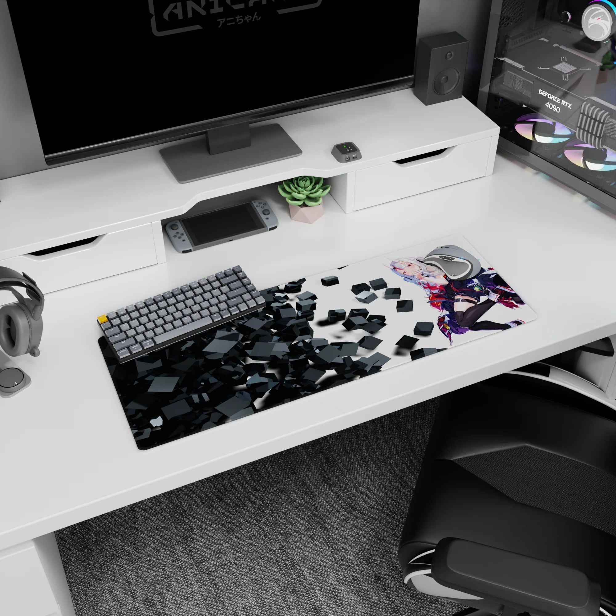 32x12 inches extended mouse pad showing a sideways lounging horned anime girl in glossy boots beside spinning cubes.