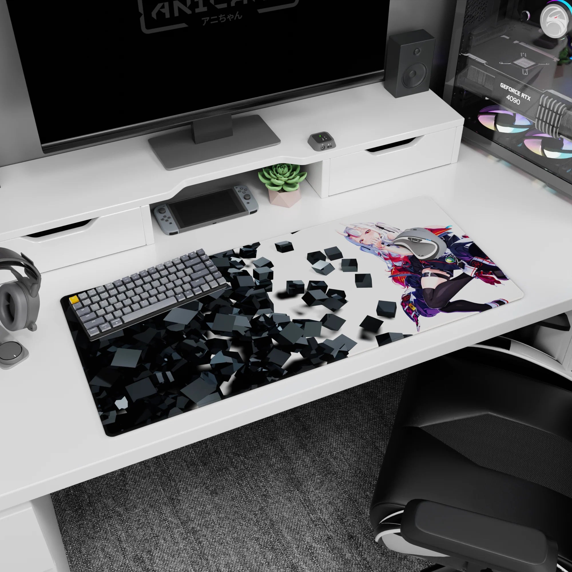 36x16 inches anime desk pad showing a horned girl lounging sideways, hand to lips, boots, and cube storm.