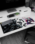 36x16 inches anime desk pad showing a horned girl lounging sideways, hand to lips, boots, and cube storm.
